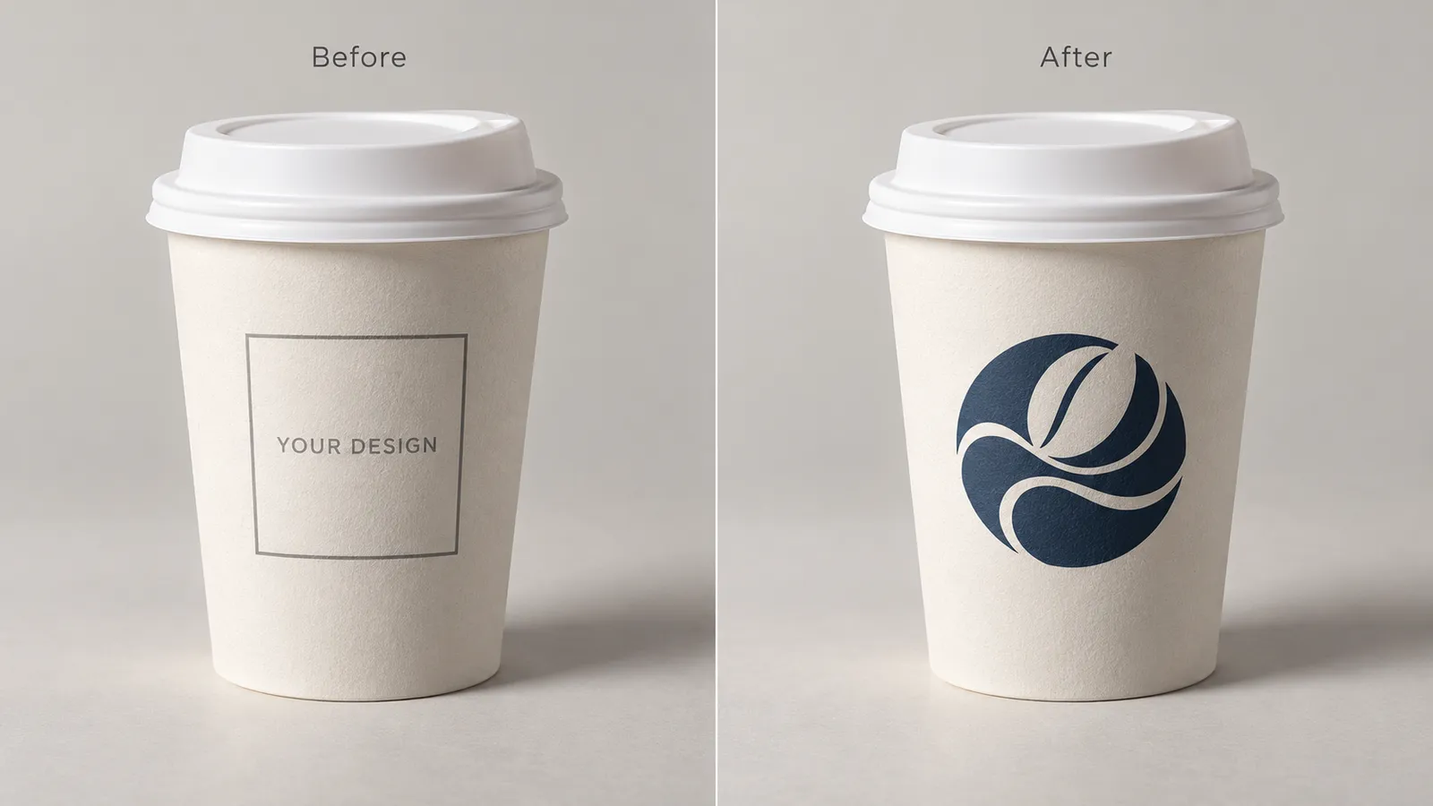 Coffee cup mockup before and after replacing the placeholder with a logo