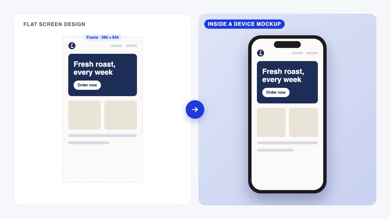 Figma mockup: a flat app screen design next to the same screen placed inside a phone device frame