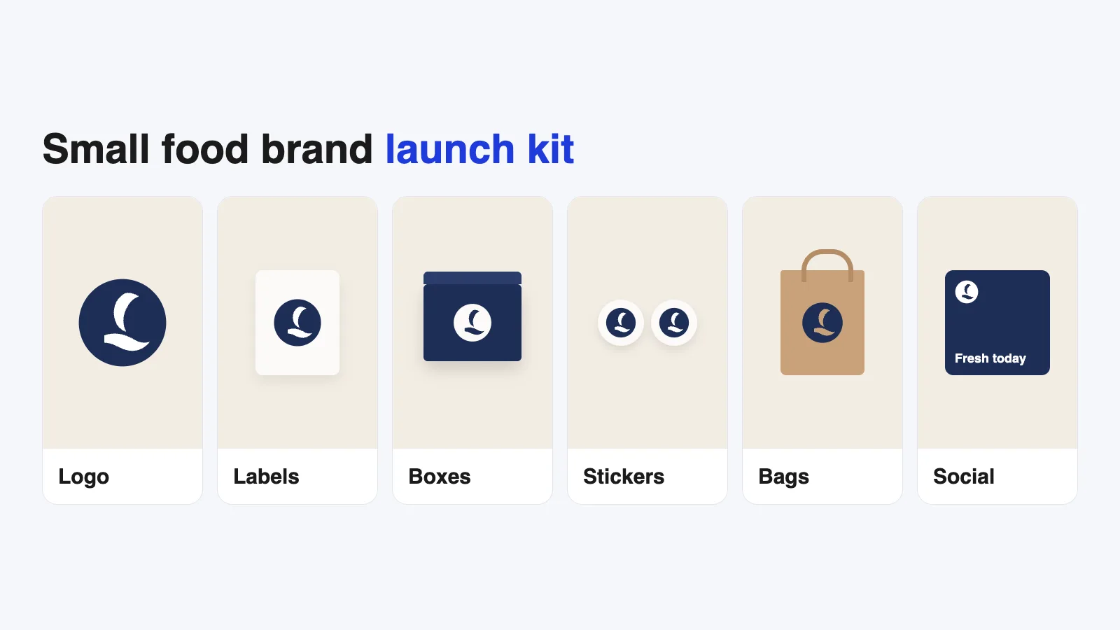 Food business branding kit mockup: logo, labels, boxes, stickers, bags and a social post for a small bakery