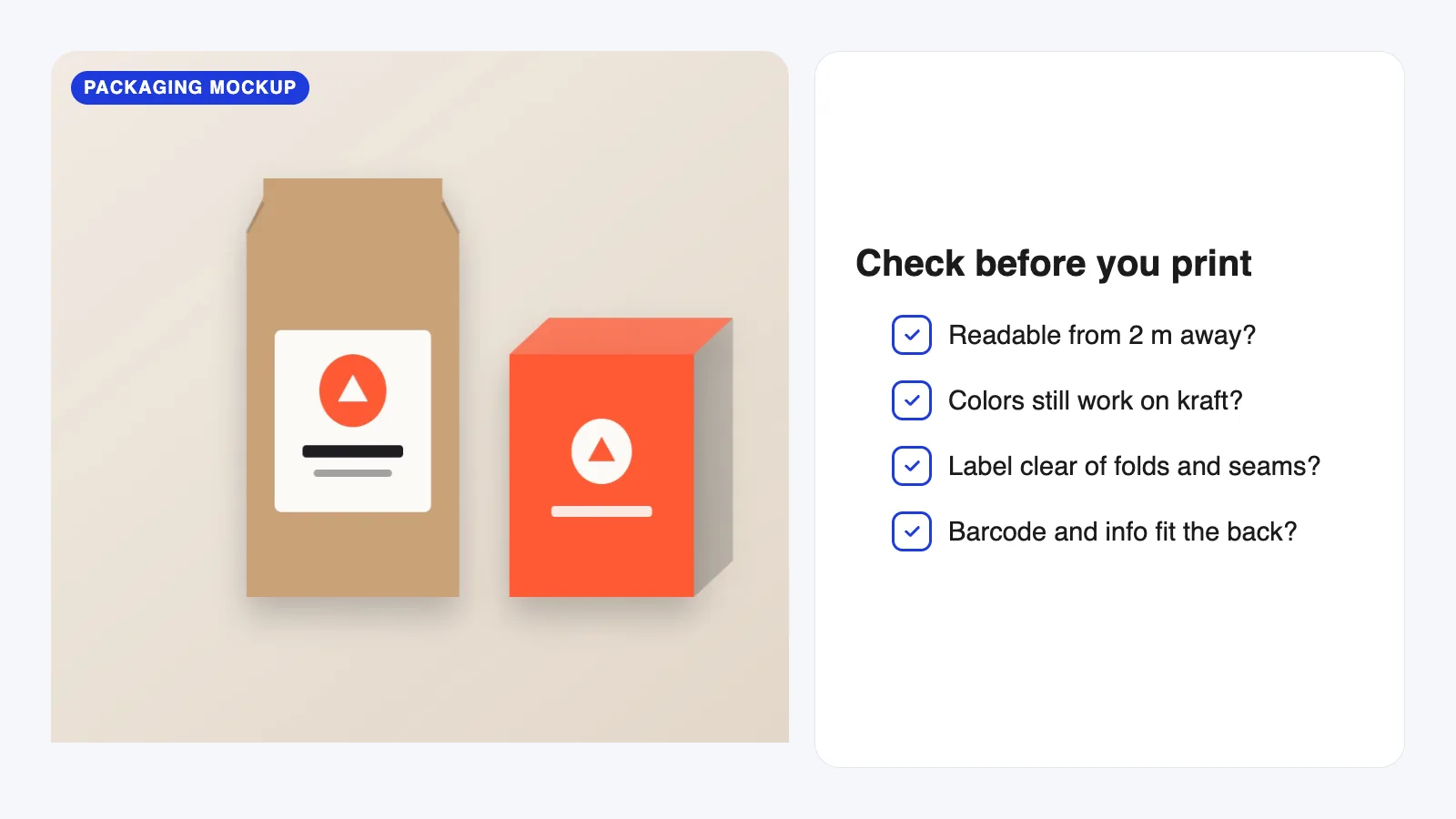 Packaging mockup of a kraft coffee bag and box next to a checklist of things to test before printing