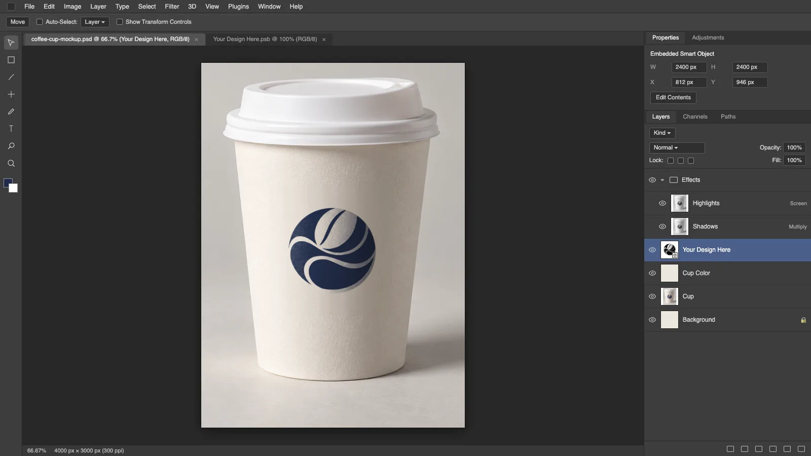Photoshop Layers panel in a coffee cup PSD mockup with the “Your Design Here” smart object selected