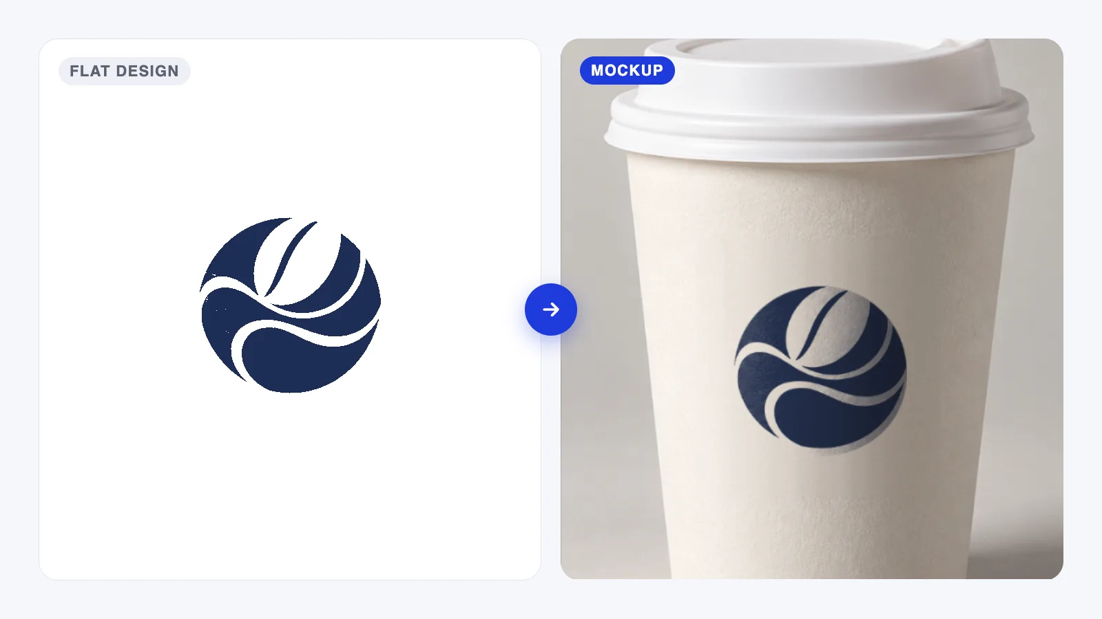 A flat navy logo next to the same logo shown on a paper coffee cup mockup